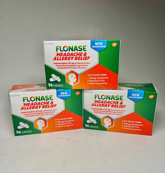 3 BOTTLES Flonase Headache & Allergy Relief 96 Caplets Each - EXP 4/25 SEALED